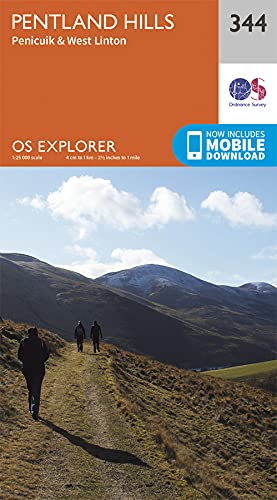 Ordnance Survey Explorer map 344 cover showing hikers on a trail in Pentland Hills.