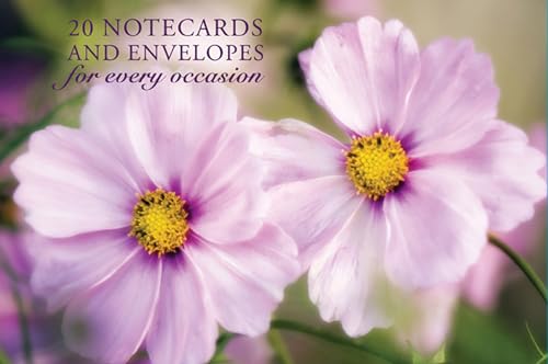 Close-up of two pink cosmos flowers on a notecard box.