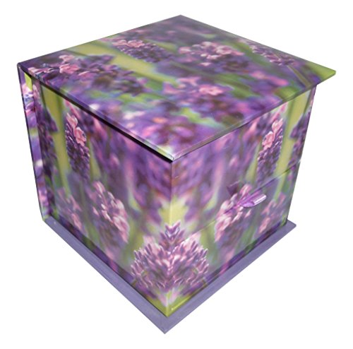 Cube-shaped lavender notepaper box with a small drawer visible.
