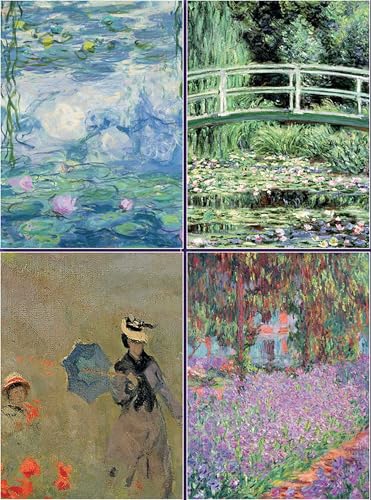 Four Monet paintings—water lilies, a bridge, figures, and flowers—on notepads.