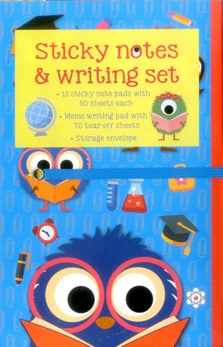 Blue folder with cartoon monsters and text describing a sticky note writing set.