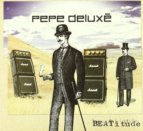 CD cover: man in suit with guitar amplifiers in a field.