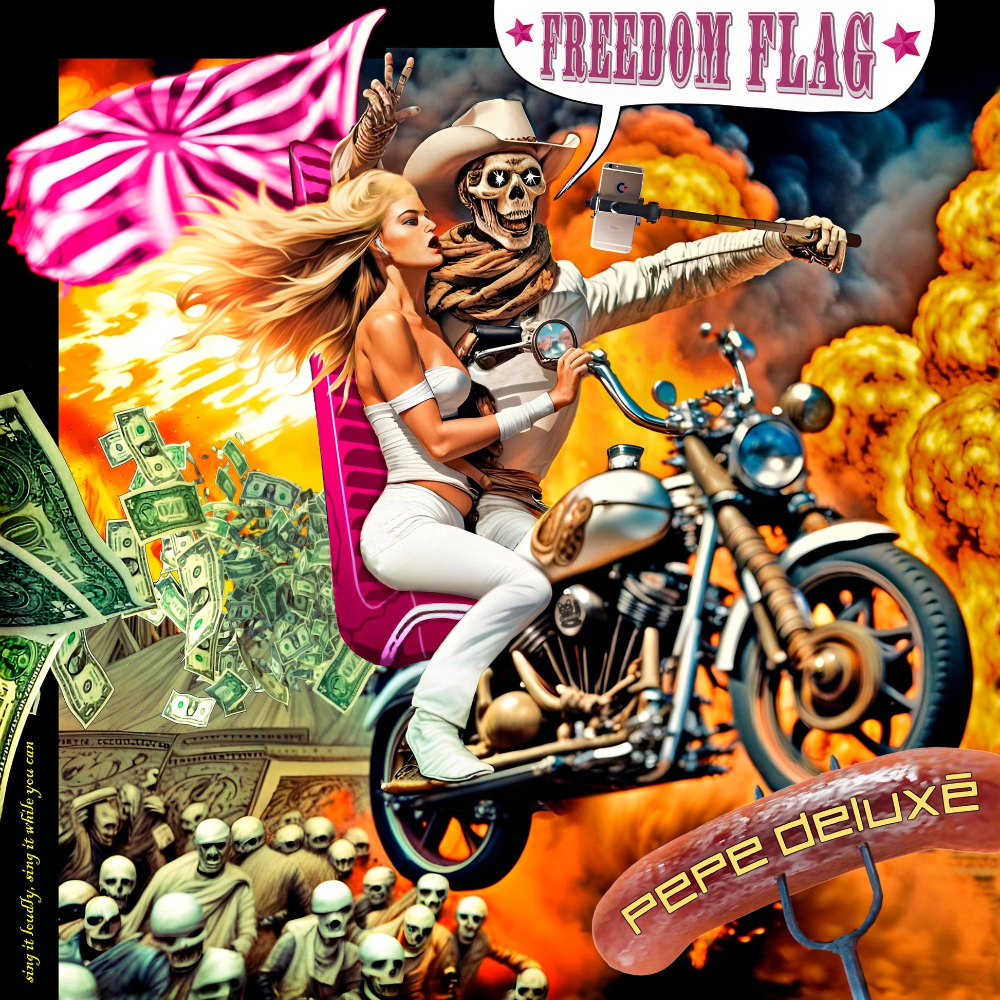 Woman riding a motorcycle with a skeleton, money, and explosions.