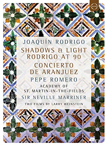 DVD cover for Joaquín Rodrigo's "Concierto de Aranjuez" with floral tile background.