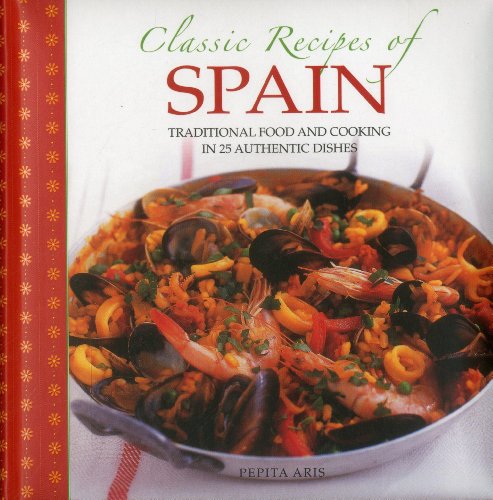 Cookbook cover featuring paella with seafood, titled "Classic Recipes of Spain".
