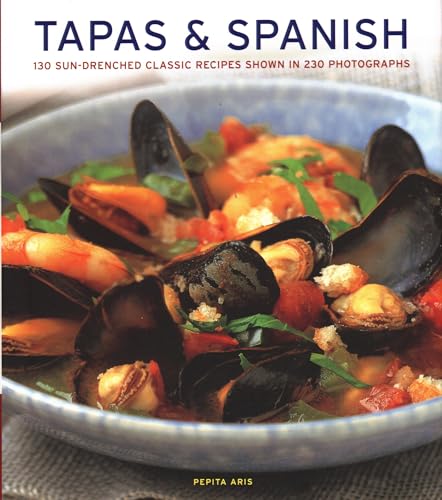 Cookbook cover titled Tapas & Spanish featuring a bowl of mussels and shrimp stew.