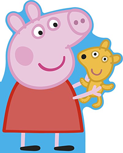 The image depicts Peppa Pig holding a yellow dog, set against a blue background. For accessibility purposes, a suitable alt text could be: "Cartoon image of Peppa Pig holding a yellow dog."