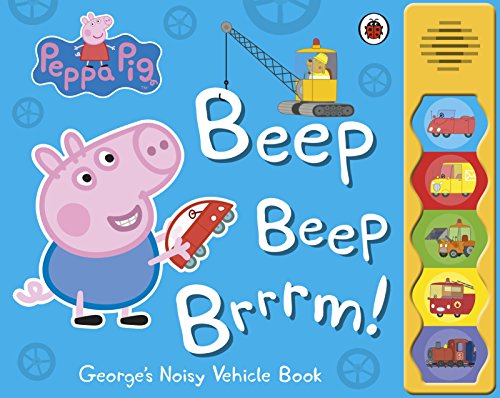 The image depicts a children's book cover featuring Peppa Pig and various vehicles. Alt text: Children's book cover with Peppa Pig and vehicle sound buttons.