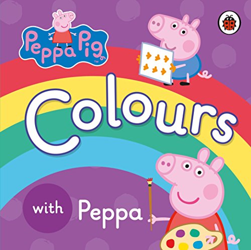 "Children's book cover featuring Peppa Pig with a paintbrush and palette, surrounded by rainbow."