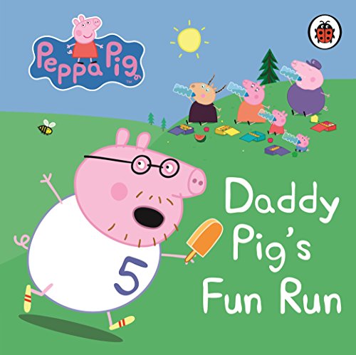 Daddy Pig running with number 5, Peppa Pig characters cheering.
