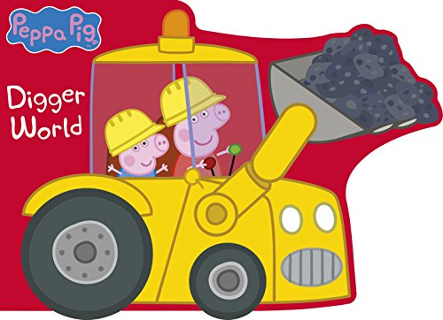 "Children's book cover featuring Peppa Pig and her father driving a yellow digger."