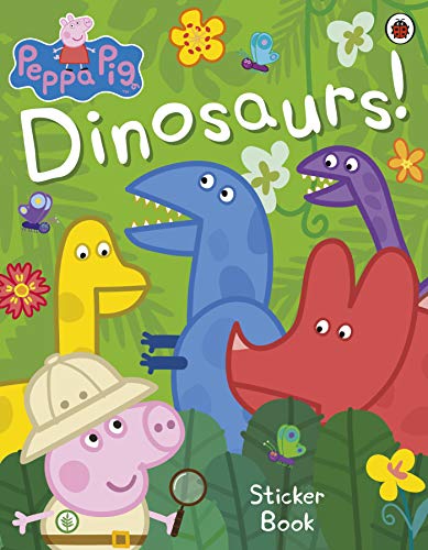 Peppa Pig and dinosaurs on the cover of a sticker book.