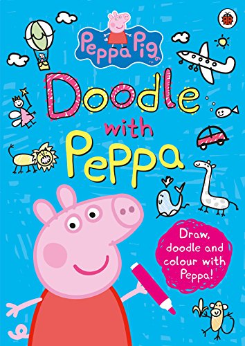 Peppa Pig holding a red crayon, surrounded by doodles and characters.