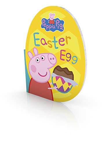 Egg-shaped Peppa Pig book with Peppa holding a chocolate egg.