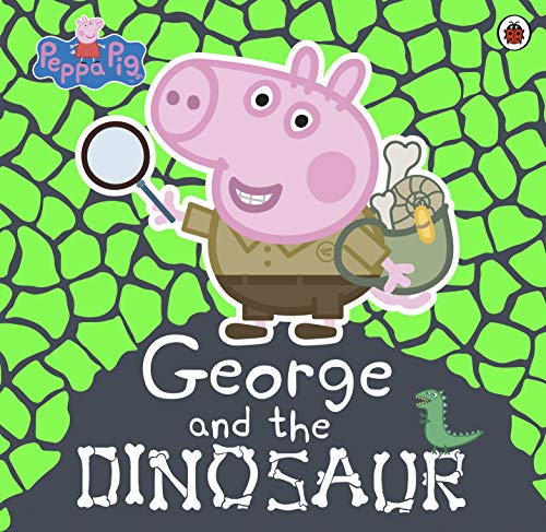 Peppa Pig’s brother George, a dinosaur, and bones on a green background.