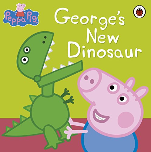 "Book cover featuring Peppa Pig and a green toy dinosaur on a green and red background."