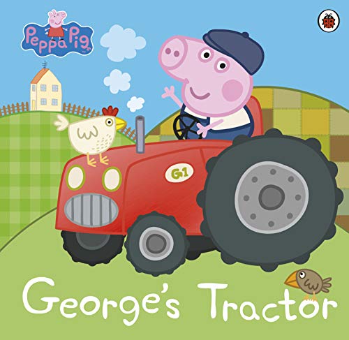 George Pig drives a red tractor with a chicken nearby.