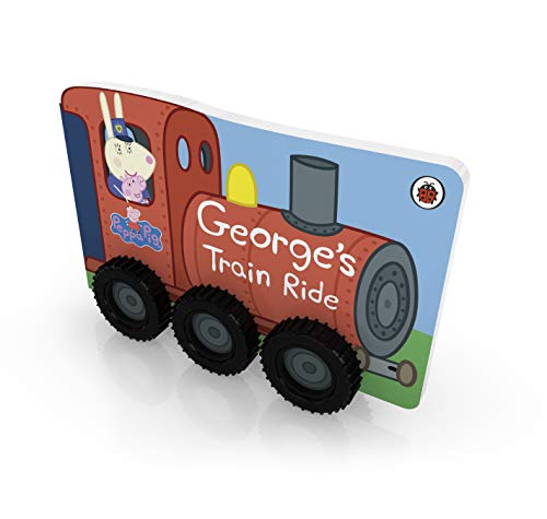 Shaped board book cover featuring George Pig on a red train.