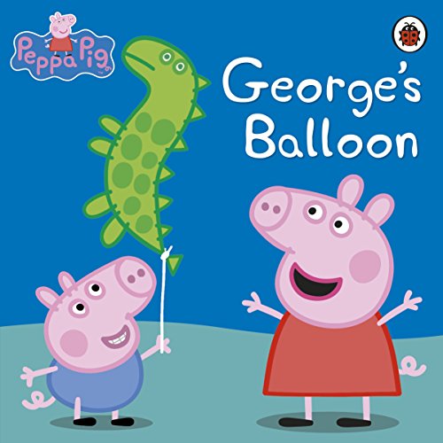 Peppa Pig and George holding a green dinosaur-shaped balloon.