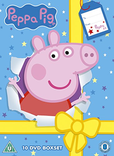 Peppa Pig character emerging from a gift-wrapped box with a yellow bow.