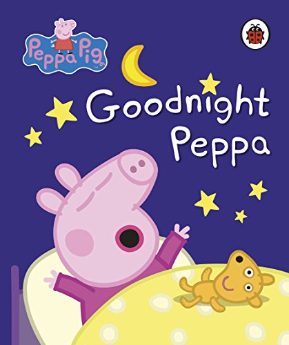 "Children's book cover featuring Peppa Pig in bed with a goldfish, against a purple background."