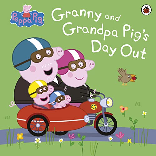 Granny and Grandpa Pig with Peppa and George riding a motorcycle.