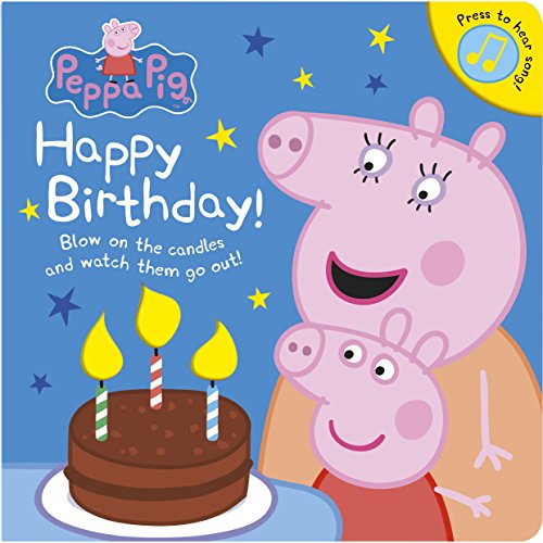 "Children's book cover featuring Peppa Pig and a birthday cake with lit candles."
