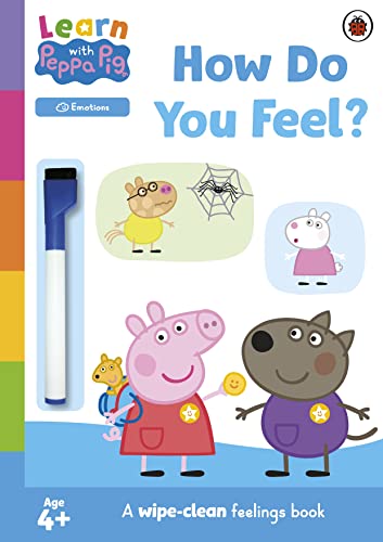 Peppa Pig activity book about emotions with a blue marker.