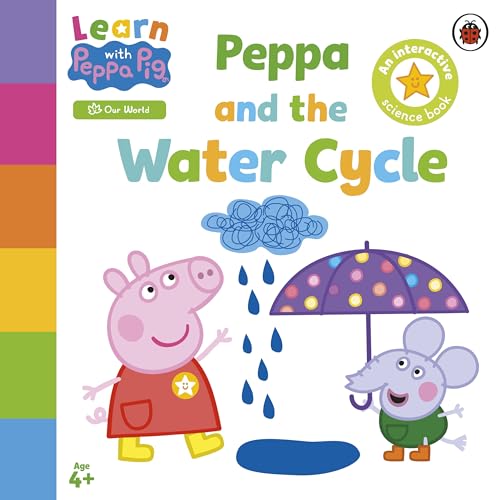 Peppa Pig and George under an umbrella in the rain.