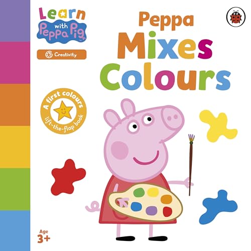 Peppa Pig holding a paint palette with colourful shapes around her.
