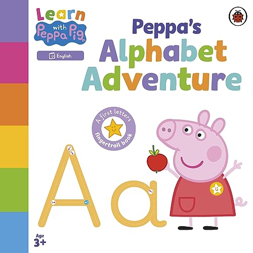 Learn with Peppa: Peppa's Alphabet Adventure" book cover with Peppa Pig and letter A.