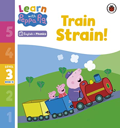 Peppa Pig and family with a red toy train in a field.