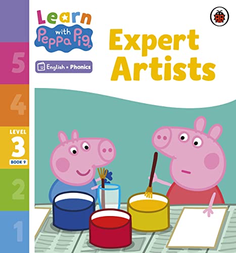Peppa Pig and George painting with brushes and pots of paint on a table.