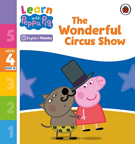 Peppa Pig and a wolf character in a top hat on a circus stage.