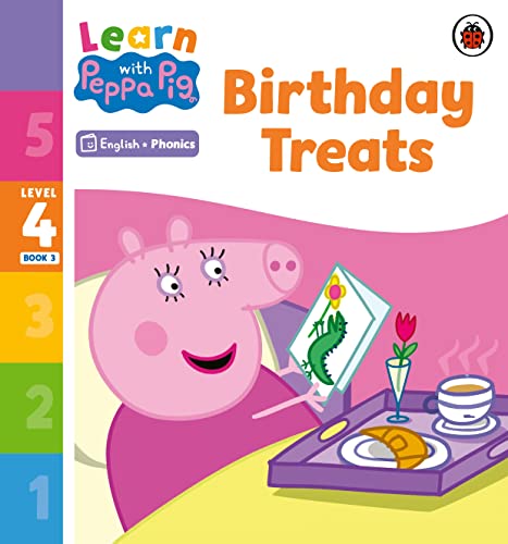 “Learn with Peppa” phonics reader cover featuring Peppa Pig with a birthday cake.