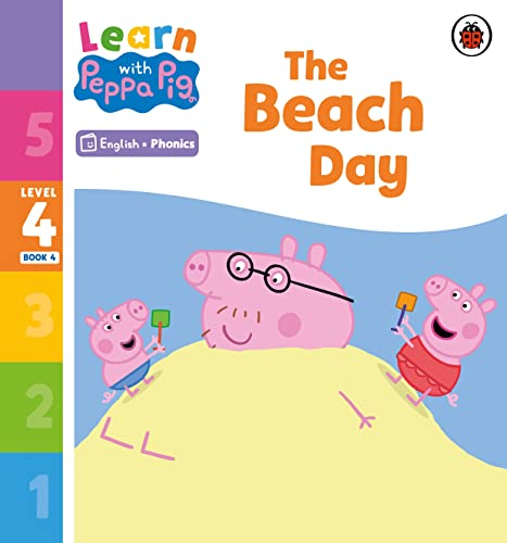 Peppa Pig and family at the beach, phonics reader book cover.