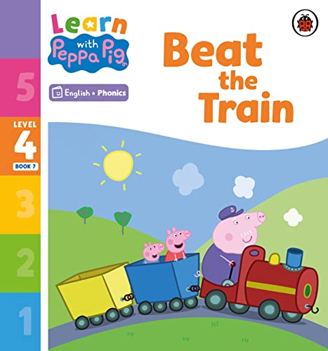 Peppa Pig and family ride a red train under a sunny sky.