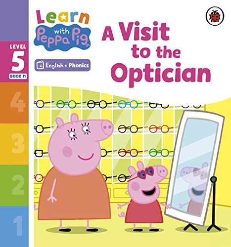 Peppa Pig and Mummy Pig at an eye chart during an optician visit.