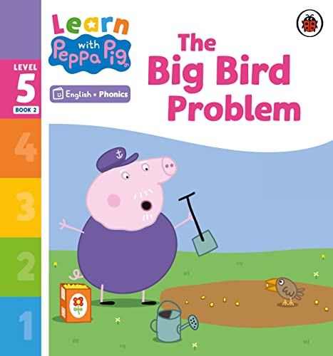 Peppa Pig book cover with Peppa, a bird, and gardening tools.