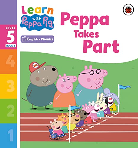 Peppa Pig phonics reader book cover, bright colors, child-friendly illustration.