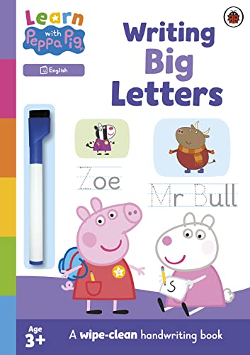 Peppa Pig handwriting practice book with wipe-clean pages and marker.