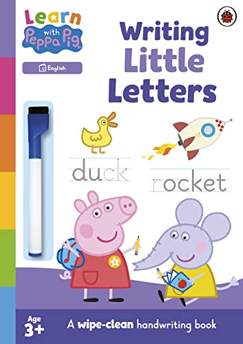 Peppa Pig writing practice book with characters and a marker.