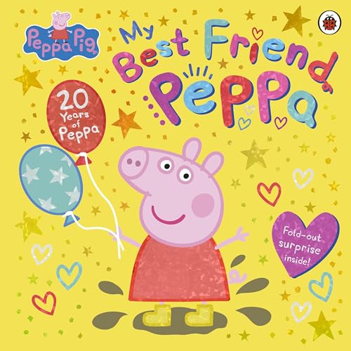 Peppa Pig book cover with balloons, stars, and hearts on yellow background.