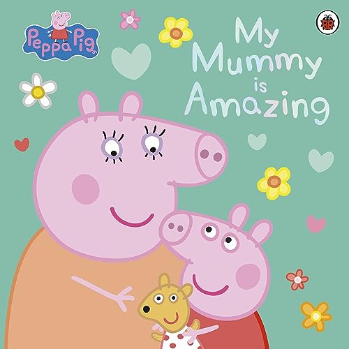 Peppa Pig and Mummy Pig on a teal background with flowers and hearts.