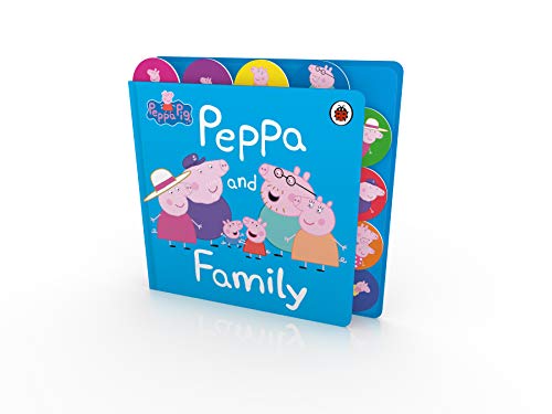 Blue tabbed board book featuring Peppa Pig and her family.