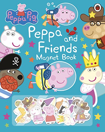 Blue children's book cover featuring Peppa Pig characters and magnets, with colorful stars and cartoon friends.