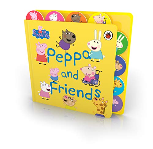 Yellow Peppa Pig tabbed board book with Peppa and friends characters.