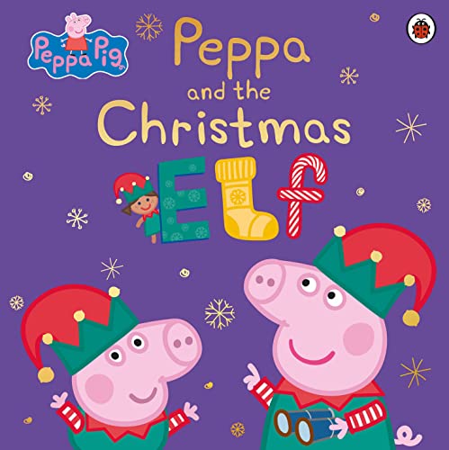 Peppa Pig and an elf with candy canes on a purple background.