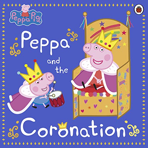 Peppa Pig characters wearing crowns, one on a throne with a drum.