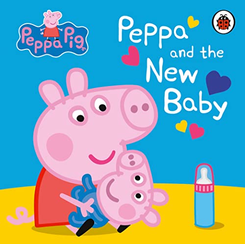 Peppa Pig holds a baby pig next to a baby bottle on a blue background.